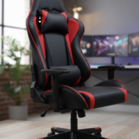 Ergonomic red and black racing-style gaming chair with headrest and lumbar pillows, featuring a high backrest and adjustable armrests on a sturdy five-star base.