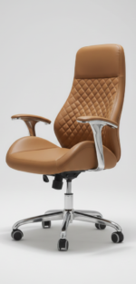 Comfortable high-back office chairs with soft diamond quilting and ergonomic design, available in black, purple, and tan leather.