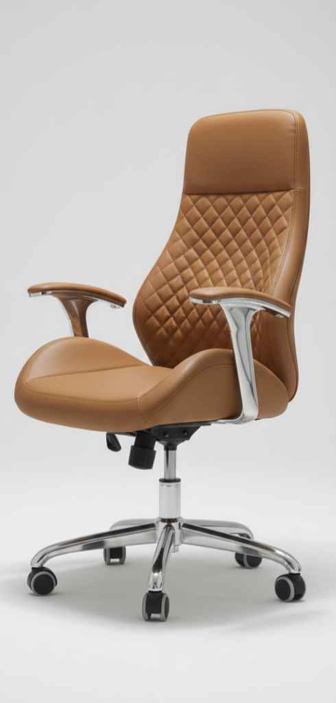 Comfortable high-back office chairs with soft diamond quilting and ergonomic design, available in black, purple, and tan leather.