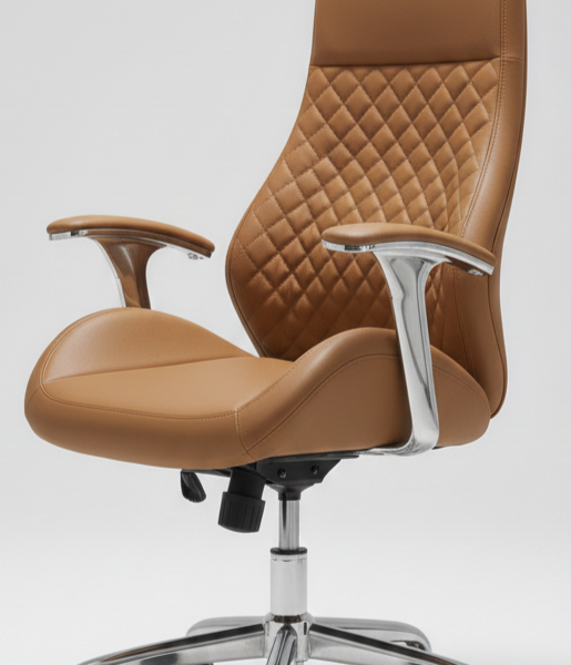 Comfortable high-back office chairs with soft diamond quilting and ergonomic design, available in black, purple, and tan leather.