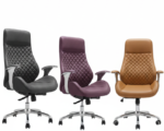 Comfortable high-back office chairs with soft diamond quilting and ergonomic design, available in black, purple, and tan leather.