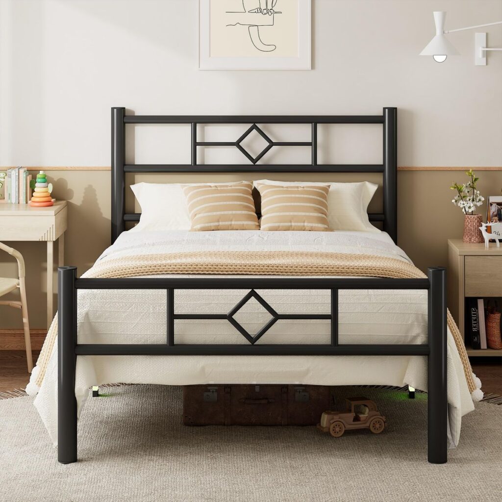 Large black double metal bed frame with a dual-bar headboard and reinforced steel structure for master bedrooms.