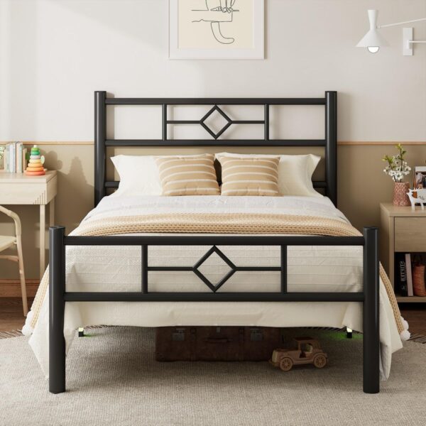 Large black double metal bed frame with a dual-bar headboard and reinforced steel structure for master bedrooms.