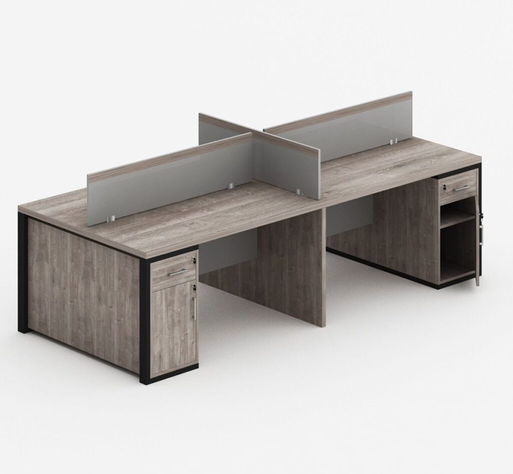 Professional 4-person office workstation set with grey privacy panels and heavy-duty steel legs for corporate efficiency.