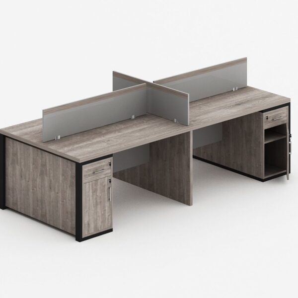 Professional 4-person office workstation set with grey privacy panels and heavy-duty steel legs for corporate efficiency.