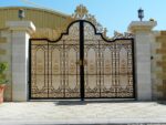 Luxury Classical Wrought Iron Double Entrance Gate with Gold Accents and Ornate Scrollwork