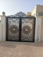 Luxury Classical Wrought Iron Double Entrance Gate with Gold Accents and Ornate Scrollwork
