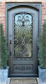 Elegant Single Wrought Iron Entry Door | Black Metal Main Door with Large Clear Glass Panel