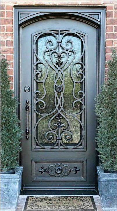 Elegant Single Wrought Iron Entry Door | Black Metal Main Door with Large Clear Glass Panel