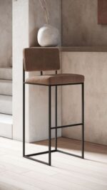 Contemporary High Bar Stools | Brown Fabric Upholstery & Matte Black Metal Frame | Modern Office Counter Seating