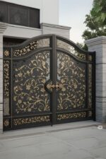 Luxury Classical Wrought Iron Double Entrance Gate with Gold Accents and Ornate Scrollwork