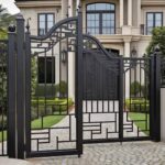 Luxury Classical Wrought Iron Double Entrance Gate with Gold Accents and Ornate Scrollwork