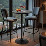 Contemporary High Bar Stools | Brown Fabric Upholstery & Matte Black Metal Frame | Modern Office Counter Seating