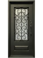 Elegant Single Wrought Iron Entry Door | Black Metal Main Door with Large Clear Glass Panel