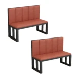 Modern industrial cafe sofa with a black electrostatically-coated steel frame, grey upholstered cushions, and a reinforced minimalist metal chassis for restaurant seating.