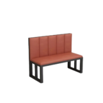 Modern industrial cafe sofa with a black electrostatically-coated steel frame, grey upholstered cushions, and a reinforced minimalist metal chassis for restaurant seating.