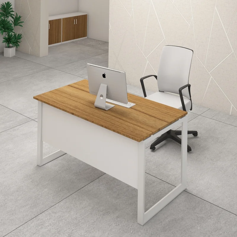 Modern Employee Desk 140cm | Black Thermo Oak Top with Durable White Metal Frame for Workstations.