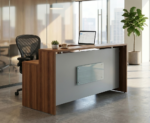 Customizable modern reception desk REC-CO-614 made of Spanish MDF wood, featuring a white and natural wood finish, available in sizes 160cm to 400cm for office reception areas.