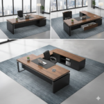 "Modern L-shaped executive office desk with walnut top and black storage unit"
