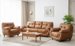 Premium tan leather office sofa set with a three-seater couch and two armchairs for executive reception areas and corporate institutions.