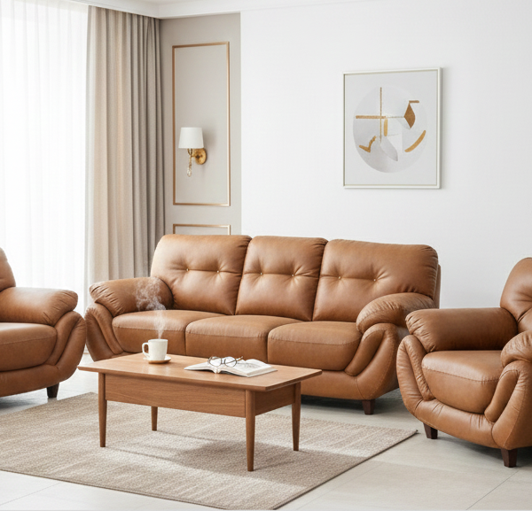 Premium tan leather office sofa set with a three-seater couch and two armchairs for executive reception areas and corporate institutions.