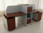 Professional wooden office workstation cells with integrated drawers and privacy panels for corporate offices and call centers.