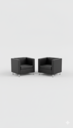 Modern black leather office sofa set with a two-seater couch and two armchairs featuring chrome legs and solid wood internal structure.