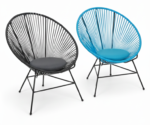 Quality Furniture Acapulco chair with blue and black cotton weaving, featuring a black electrostatic-coated steel frame and a comfortable round seat cushion.