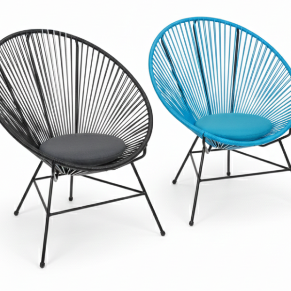 Quality Furniture Acapulco chair with blue and black cotton weaving, featuring a black electrostatic-coated steel frame and a comfortable round seat cushion.
