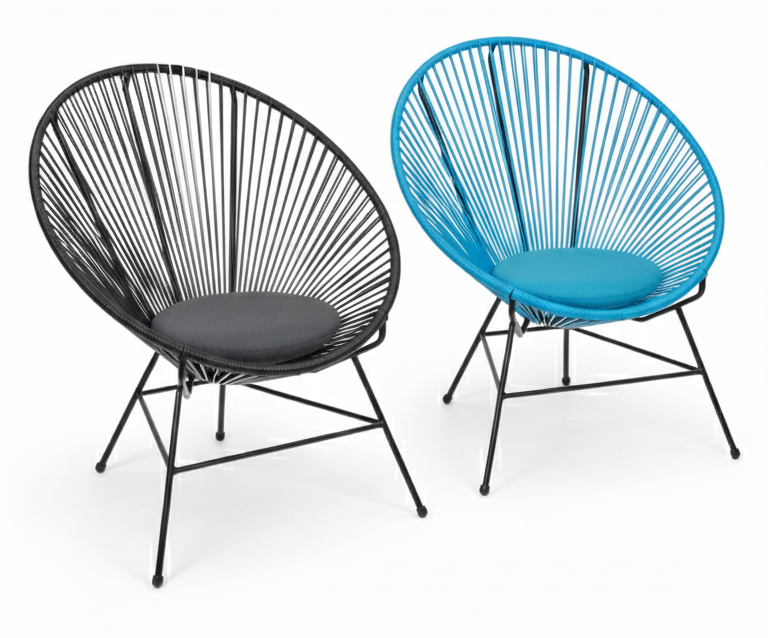 Quality Furniture Acapulco chair with blue and black cotton weaving, featuring a black electrostatic-coated steel frame and a comfortable round seat cushion.