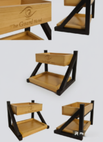 Industrial two-tier food display stand with black metal frame and wooden trays for restaurant table service and café branding.