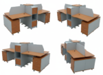 Professional wooden office workstation cells with integrated drawers and privacy panels for corporate offices and call centers.