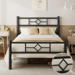 Large black double metal bed frame with a dual-bar headboard and reinforced steel structure for master bedrooms.