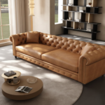 Luxury brown leather Chesterfield sofa with diamond-tufted Capitonné design and solid wood frame for executive office interiors.