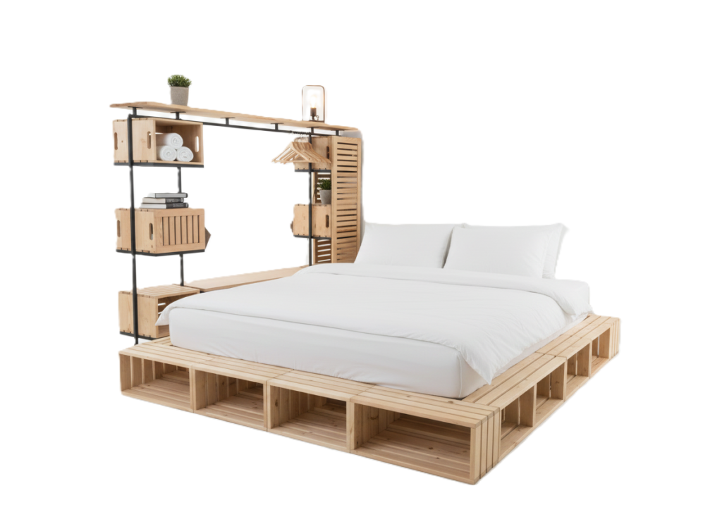 Modern all-in-one platform bed with integrated natural wood shelving, built-in hanging wardrobe, and perimeter cube storage base in a minimalist white room.