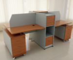 Professional wooden office workstation cells with integrated drawers and privacy panels for corporate offices and call centers.