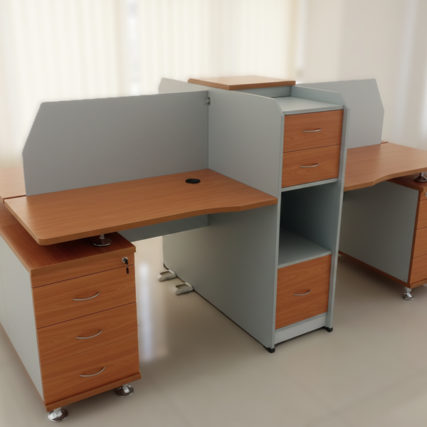 Professional wooden office workstation cells with integrated drawers and privacy panels for corporate offices and call centers.