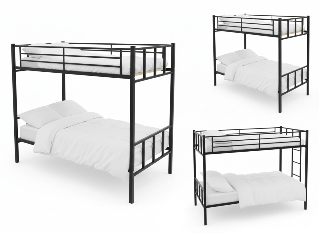 Premium black metal bunk bed with a heavy-duty steel chassis, electrostatic powder-coated finish, and integrated safety ladder for industrial and residential use.