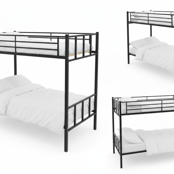 Premium black metal bunk bed with a heavy-duty steel chassis, electrostatic powder-coated finish, and integrated safety ladder for industrial and residential use.