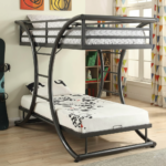 Modern heavy-duty metal bunk bed with arc-shaped frame and electrostatic black finish for space-saving bedrooms in Egypt.