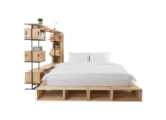 Modern all-in-one platform bed with integrated natural wood shelving, built-in hanging wardrobe, and perimeter cube storage base in a minimalist white room.