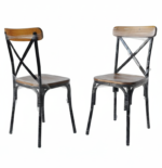 Industrial-style X-back chair with a black metal frame and solid wood seat by Quality Furniture.