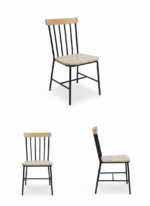 Modern black metal chair with a wooden seat and backrest for cafés and restaurants.