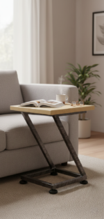 Industrial Z-shape side table with a natural wood top and black electrostatic-coated steel frame for space-saving café and restaurant furniture.