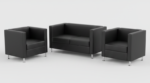 Modern black leather office sofa set with a two-seater couch and two armchairs featuring chrome legs and solid wood internal structure.