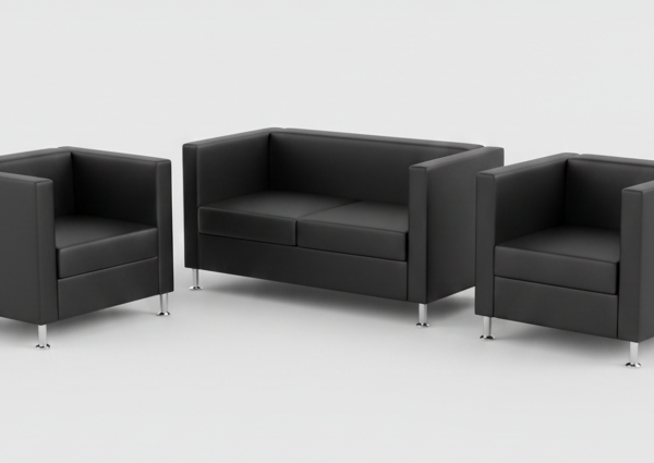 Modern black leather office sofa set with a two-seater couch and two armchairs featuring chrome legs and solid wood internal structure.