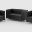 Modern black leather office sofa set with a two-seater couch and two armchairs featuring chrome legs and solid wood internal structure.