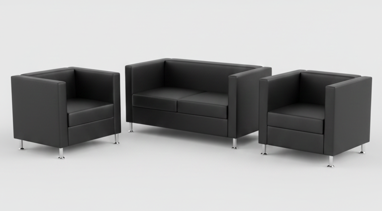 Modern black leather office sofa set with a two-seater couch and two armchairs featuring chrome legs and solid wood internal structure.