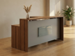 Customizable modern reception desk REC-CO-614 made of Spanish MDF wood, featuring a white and natural wood finish, available in sizes 160cm to 400cm for office reception areas.