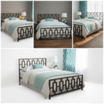 Elegant black double metal bed with a geometric headboard design and industrial-strength steel frame for modern master bedrooms.